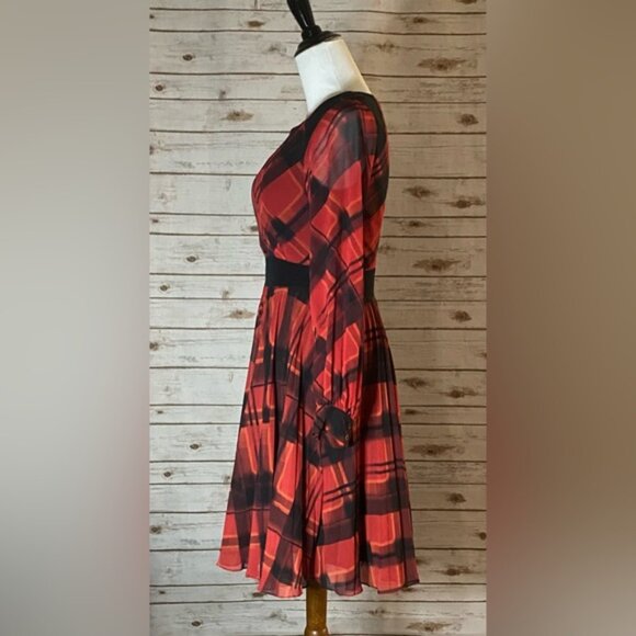 Karen Millen 100% Silk Check Print Fit & Flare Long Sleeve Dress - Size 4 - Picture 2 of 16